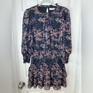 Amanda Uprichard Black and Mauve Smocked Tiered Long Sleeve Dress Size Medium